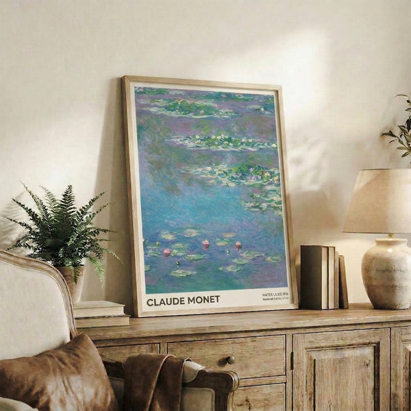 Serene floral water scene showing lily pads and blooms in cream and lavender tones against reflective blue water, impressionist style.