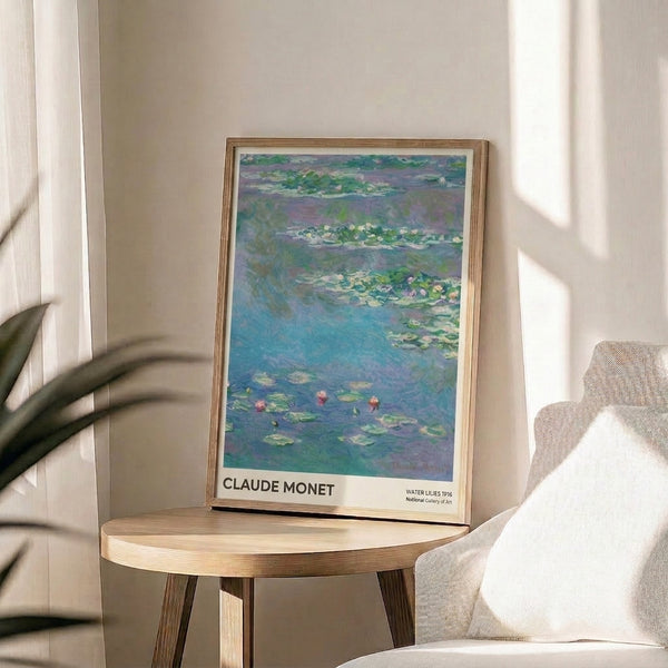 Contemplative pond landscape with impressionist water lilies in soft greens and pink accents, calming blue palette throughout.