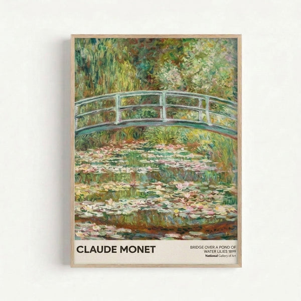 Vintage-style art print showing Monet's iconic arched bridge over tranquil water with floating lilies and weeping willow, rendered in soft pastels and muted earth tones.