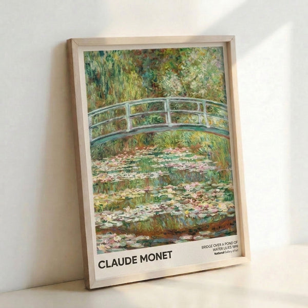 Romantic impressionist poster depicting a wooden Japanese bridge arching above a lily pond, with pale pinks, creams, and gentle greens evoking a dreamy garden landscape.