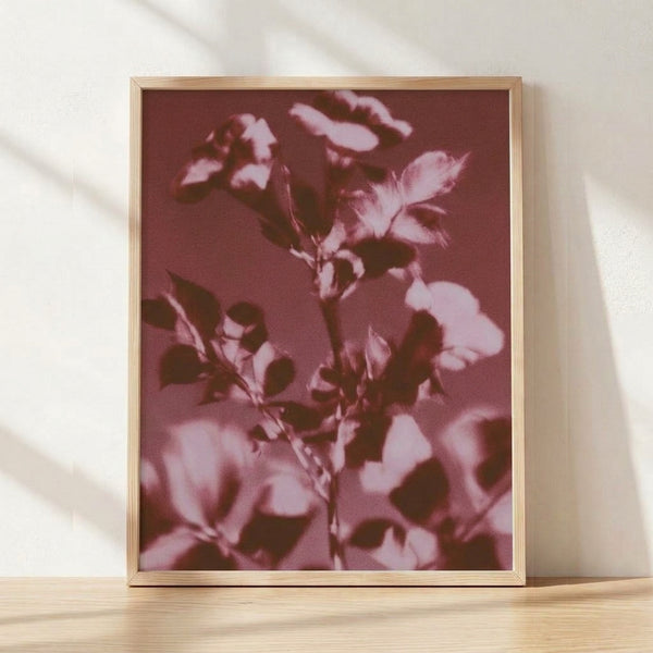 Framed watercolor poster featuring delicate dusty rose and burgundy flowers with soft mauve stems on a cream background, conveying serene botanical elegance.