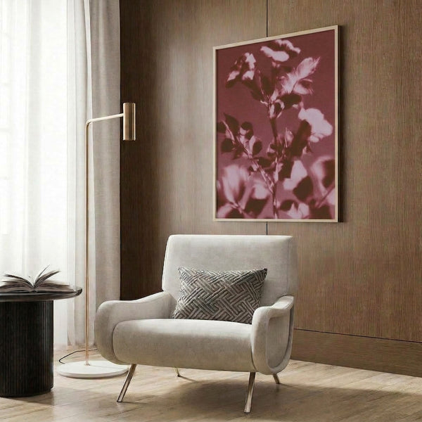 Modern botanical watercolor poster displaying soft dusty rose flowers and foliage in cream, mauve, and burgundy hues with peaceful, understated beauty.