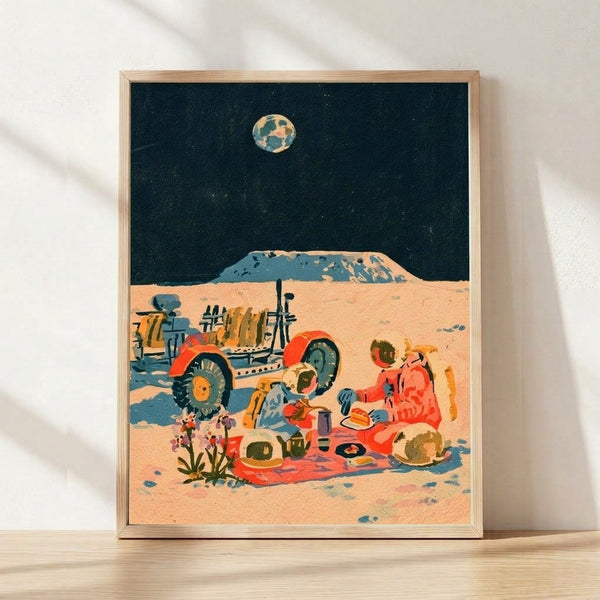 Retro futurism art print featuring astronauts on a moon picnic with a rover and distant planet, rendered in warm sandy tones, burnt orange, and teal against a dusty blue lunar landscape.