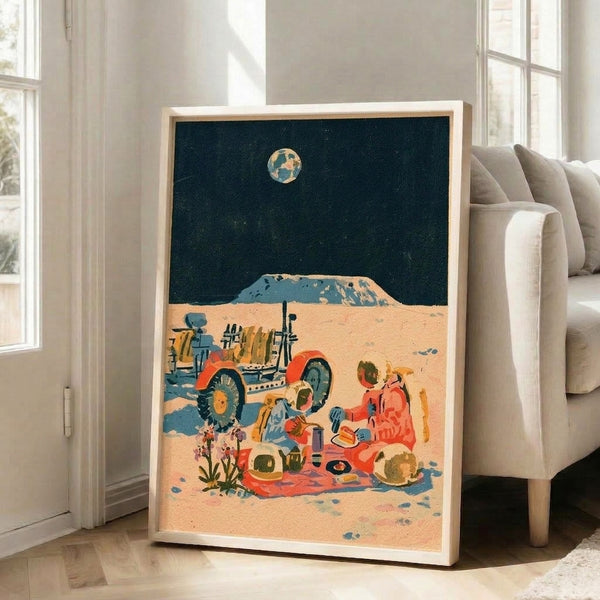 Vintage-style space poster depicting whimsical astronauts enjoying a picnic on the moon with golden yellow and beige accents, evoking nostalgic 1950s futurism and adventure.