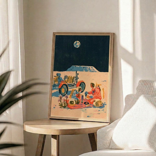 Whimsical moon landing poster with astronauts and rover in warm vintage colors—golden yellow, sandy beige, and burnt orange—capturing the adventurous spirit of retro space exploration.