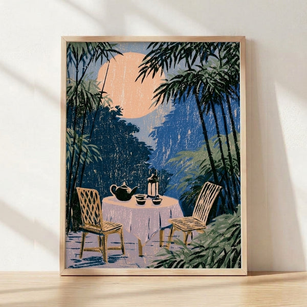 Vintage Art Deco poster featuring a serene tea ceremony scene with bamboo, a full moon, and a glowing lantern in midnight blue, peach, and forest green tones.