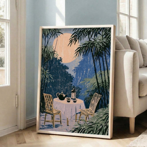 Framed art print depicting a contemplative moment in an Asian tea house with delicate bamboo, mountainous backdrop, and soft lavender and cream accents in Art Deco style.