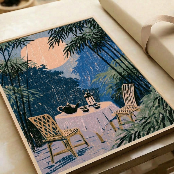 Dark academia wall art showcasing a serene tea ceremony beneath the moon, with bamboo and mountain landscape in an elegant Art Deco composition of midnight blue and soft cream.