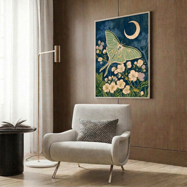 Dreamy nocturnal garden poster in Art Nouveau style displaying a luna moth with flowering plants and delicate ferns in peaceful teal and cream hues.