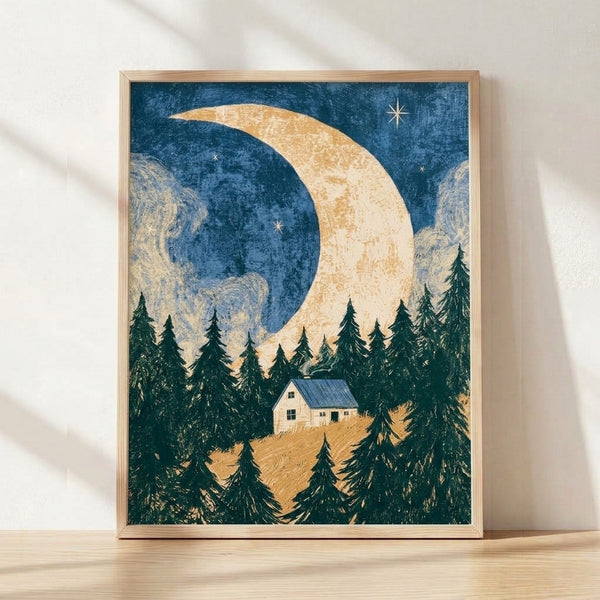 Retro cottagecore poster art featuring a crescent moon above a cozy cabin nestled among pine trees under a starry night sky, rendered in deep teal, forest green, cream, and gold tones.