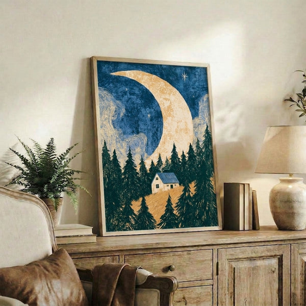 Minimalist night scene poster with a peaceful cabin in the woods beneath a crescent moon and scattered stars, using a warm and cool color palette of wheat, teal, and green.