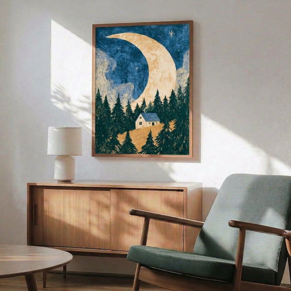 Framed wall art print depicting a solitary forest cabin at night with a crescent moon glowing above towering pines and twinkling stars in nostalgic retro style.