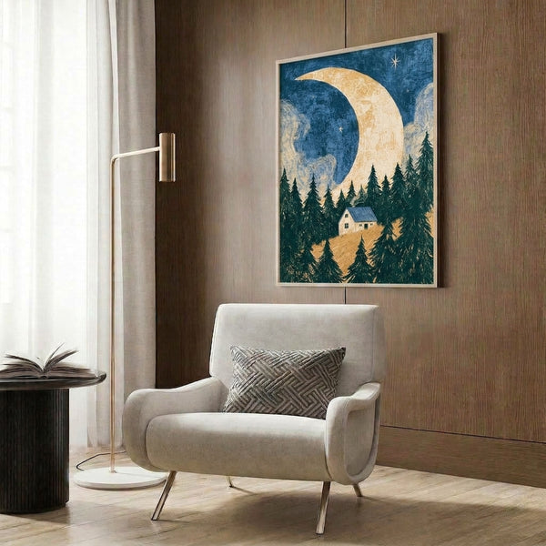 Contemplative nature poster showing a small cabin among evergreen trees under a crescent moon and starlit sky, blending cottagecore aesthetics with minimalist design in muted natural hues.