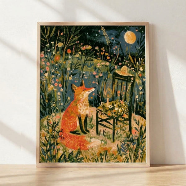 Whimsical cottagecore poster art depicting a fox wearing a hat seated among blooming flowers and lush plants beneath a glowing moon, rendered in warm oranges, deep teals, and soft creams.