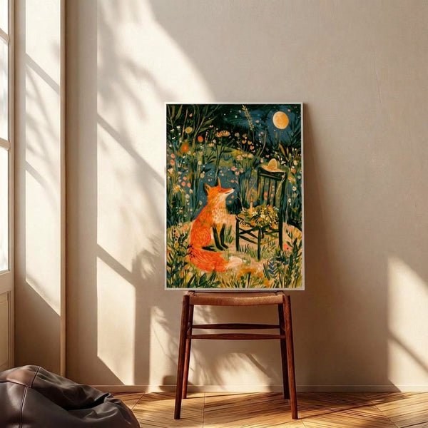 Enchanting illustration of a seated fox in a garden setting under moonlight, featuring delicate florals and botanical elements in soft warm and cool tones with a whimsical, peaceful mood.