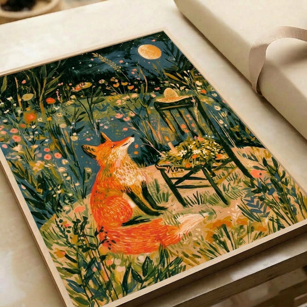 Cottagecore-inspired framed art print showcasing a fox in a starlit garden with blooming plants and a chair, blending cream, teal, and warm golden hues in a dreamy composition.