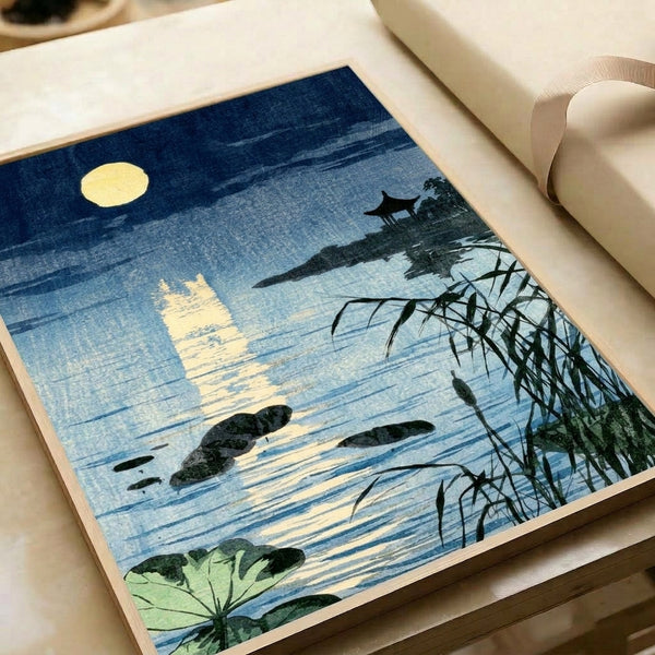 Minimalist moon-gazing scene framed as a traditional Japanese woodblock print, featuring a lakeside pagoda silhouetted under pale moonlight with serene blue-green water tones.