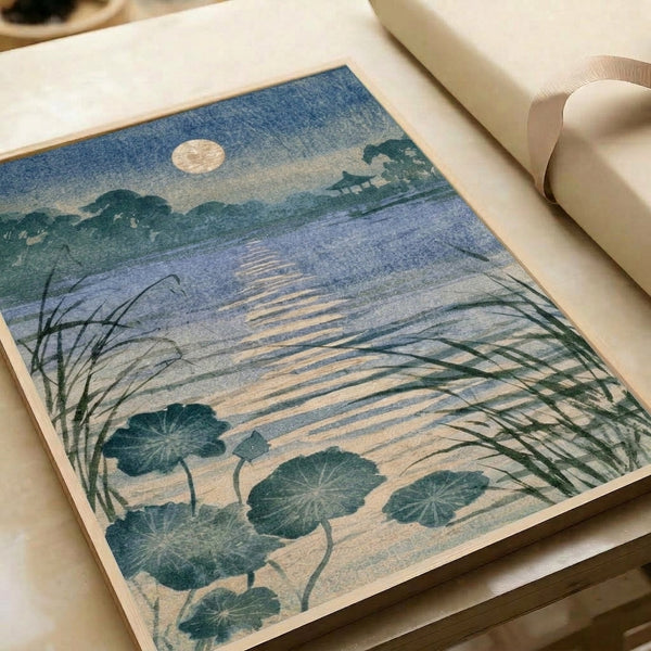 Contemplative framed poster art with a moonlit lotus garden path, minimalist Japanese aesthetic, soft gold accents and cool teal tones evoking wabi-sabi tranquility.