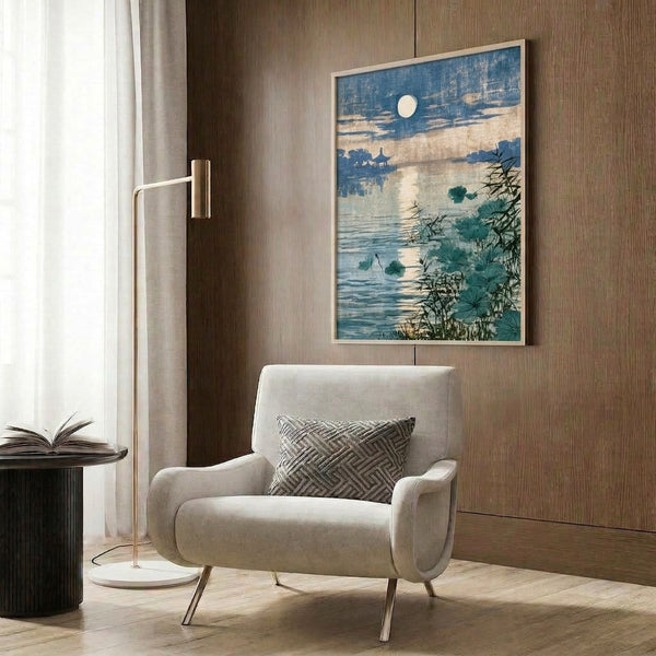 Minimalist moonlit pond scene with a pagoda and bamboo in muted slate blue and pale cream, inspired by traditional Japanese woodblock printing; calm, zen-inspired composition ideal for serene wall décor.
