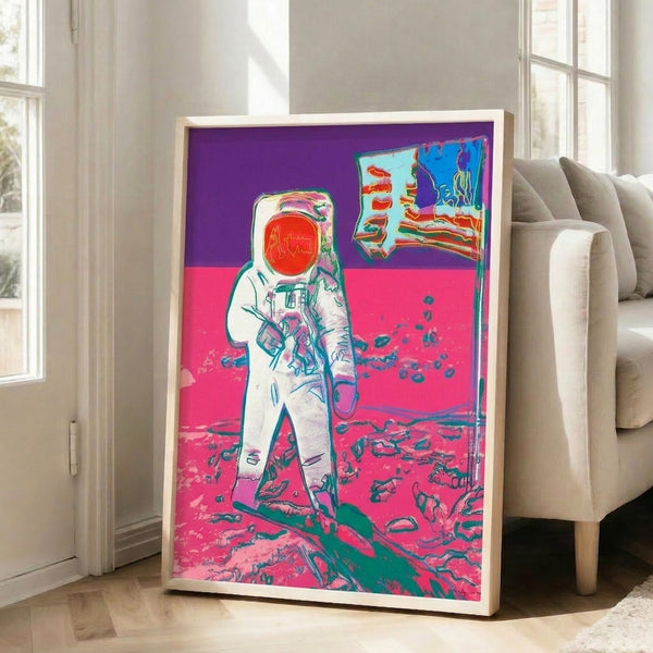 Modern pop art framed poster with dynamic color separation and graphic portrait style typical of contemporary fine art prints.