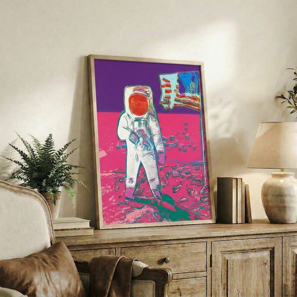 Pop art canvas print displaying bold graphic rendering in vivid hues, executed in the distinctive high-contrast style of 1980s celebrity portraiture.