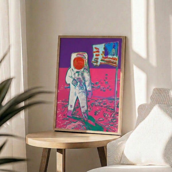 Framed pop art artwork featuring a portrait in striking color combinations and graphic design elements, exemplifying contemporary pop culture wall art.