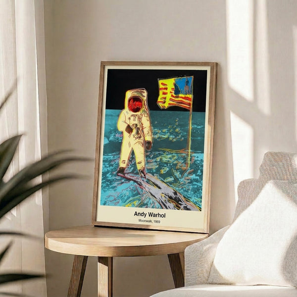 Modern pop art style wall poster of an astronaut on the lunar surface, featuring dramatic black and white contrast with silvery accents and an iconic historic mood.