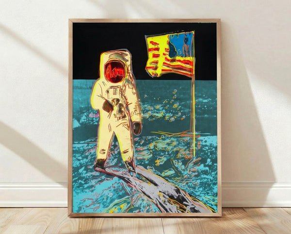 Pop art style framed poster featuring a astronaut in a spacesuit walking on the lunar surface, rendered in bold vibrant colors with high-contrast graphic style.
