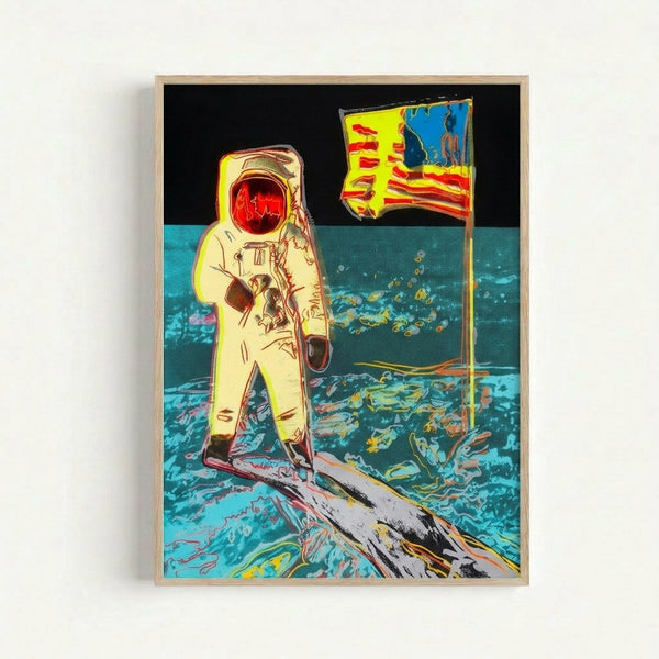 Framed wall art depicting the historic moon landing with an astronaut in bold pop art colors, capturing the iconic moment in modern graphic illustration.