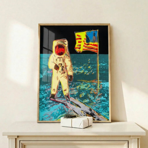 Space-themed framed poster in vibrant pop art style featuring an astronaut performing a moonwalk with dramatic color blocking and graphic design.
