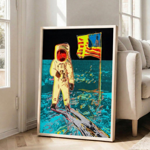 Framed print of a moonwalking astronaut rendered in bold pop art aesthetic with bright saturated colors and strong graphic contrast.