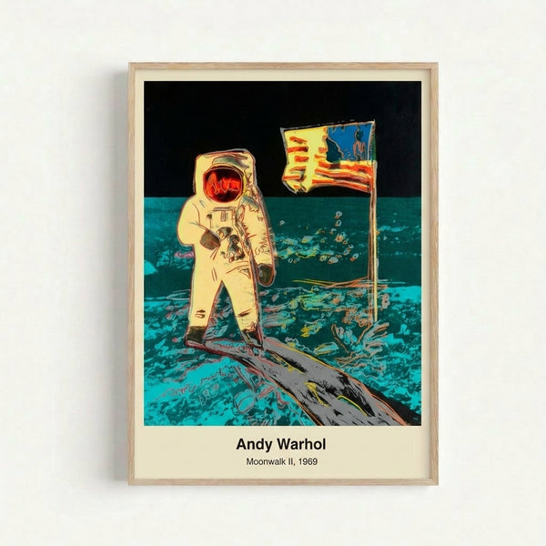 Pop art interpretation of the lunar landing featuring a solitary astronaut figure against a grayscale palette, presented as a framed modern wall print with historic and iconic visual impact.