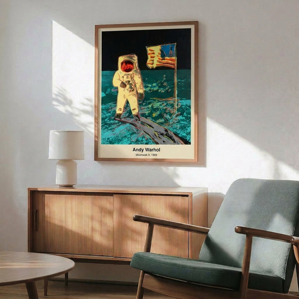 Grayscale pop art wall poster of an astronaut on the lunar surface, styled as a bold modern print that commemorates the historic 1969 moonwalk with striking contrast and contemporary flair.