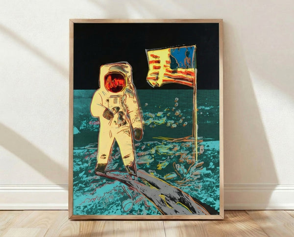Moonwalk II pop art poster in vibrant colors framed on a wall, featuring bold graphic interpretation of the historic moon landing.