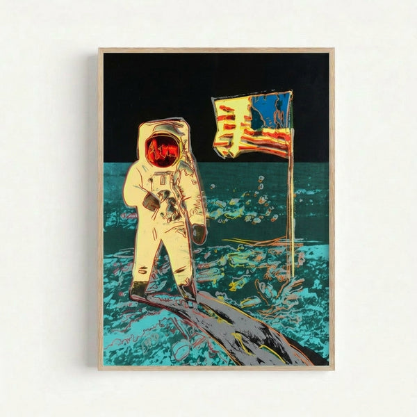 Framed Moonwalk II modern art print with striking color blocks and high-contrast design celebrating the iconic space exploration moment.