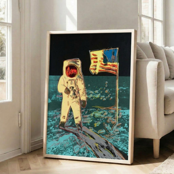 Contemporary pop art framed poster of Moonwalk II with vivid hues and stylized imagery inspired by the Apollo lunar mission.