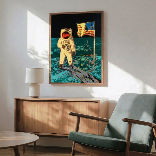 Framed modern pop art poster Moonwalk II with intense color saturation and expressive abstract approach to the moon landing theme.