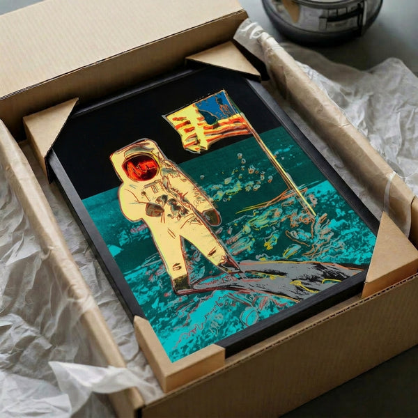 Moonwalk II pop art print on wall in frame, showcasing vibrant palette and contemporary artistic interpretation of space exploration history.