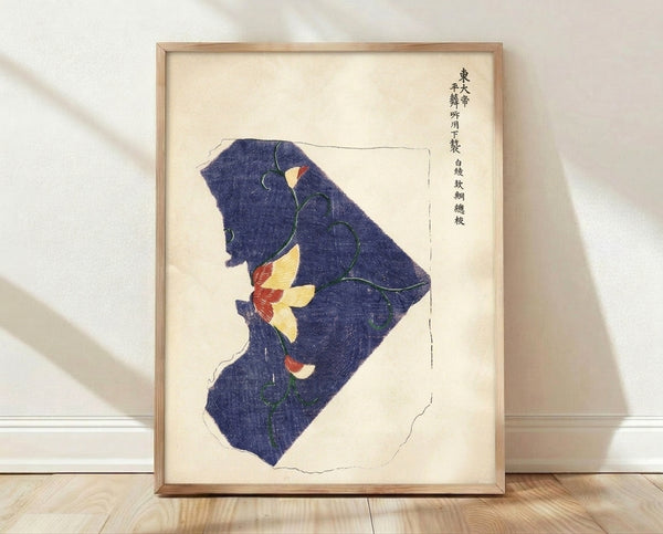 Framed Japanese woodblock print featuring a serene morning glory fragment with indigo blue vines and cream petals in minimalist Japandi style.