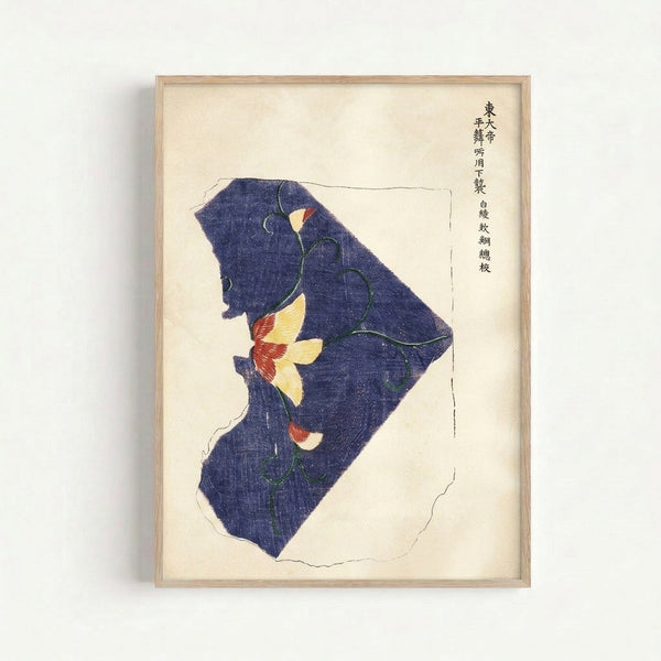 Indigo and cream botanical art print of delicate morning glory flowers and leaves, rendered in traditional Japanese woodblock technique.