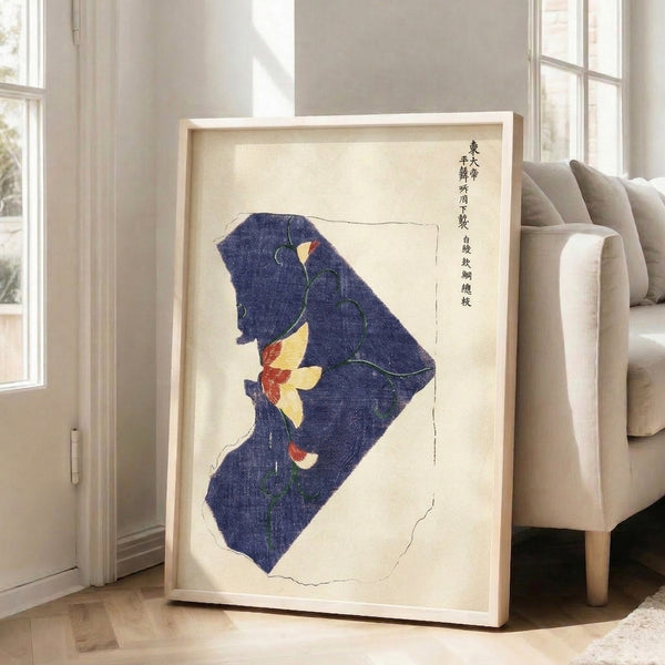 Framed Japanese-inspired morning glory fragment with flowing vines in indigo and green, exemplifying calming Japandi minimalist design.