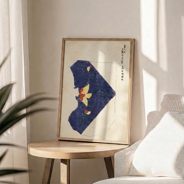 Delicate morning glory flower composition in muted indigo, cream, and red tones, rendered as a traditional Japanese woodblock art print.