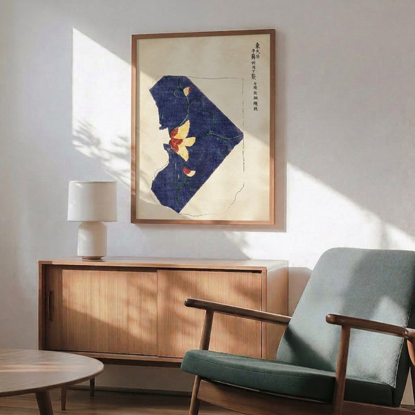 Contemplative botanical framed print of morning glory vines and blossoms in indigo, cream, and warm accent colors with Japanese woodblock aesthetics.