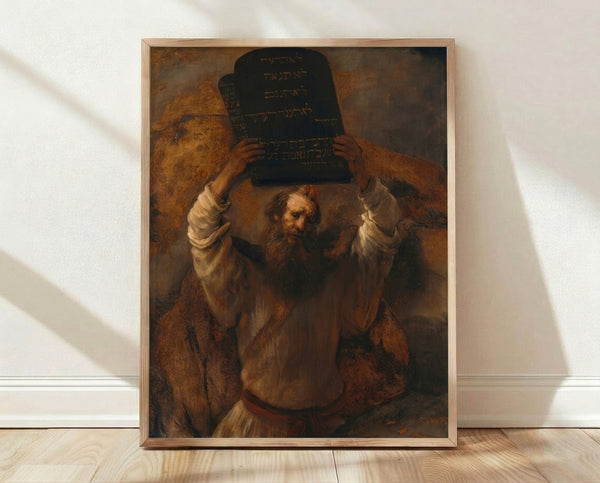 Dramatic Baroque portrait of Moses holding the stone tablets of the Ten Commandments, illuminated by golden light against deep brown shadows and rich drapery.