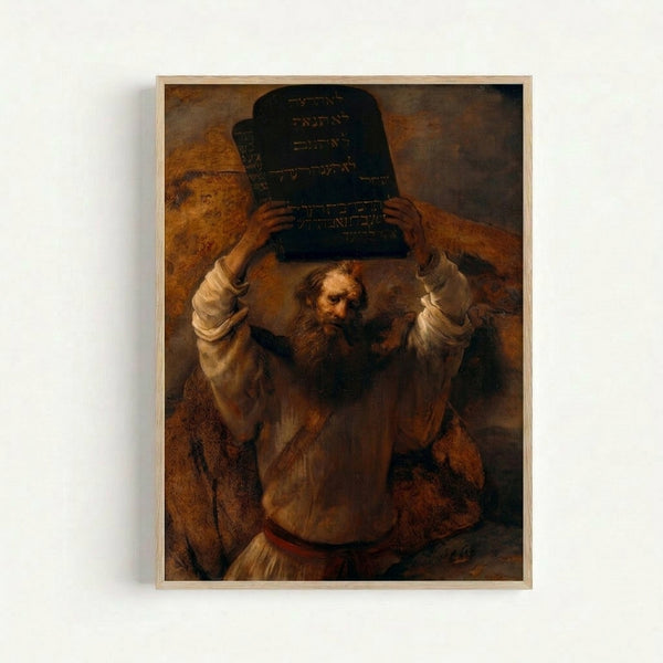 Spiritual framed art print depicting Moses in contemplative pose with the commandment tablets, rendered in warm ochre and cream tones with classical dramatic lighting.