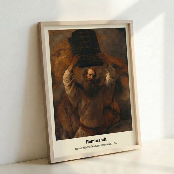 Golden-lit figure of Moses clutching the stone tablets amid flowing drapery, captured in an expressive Baroque style with deep shadows and warm earthy palette.