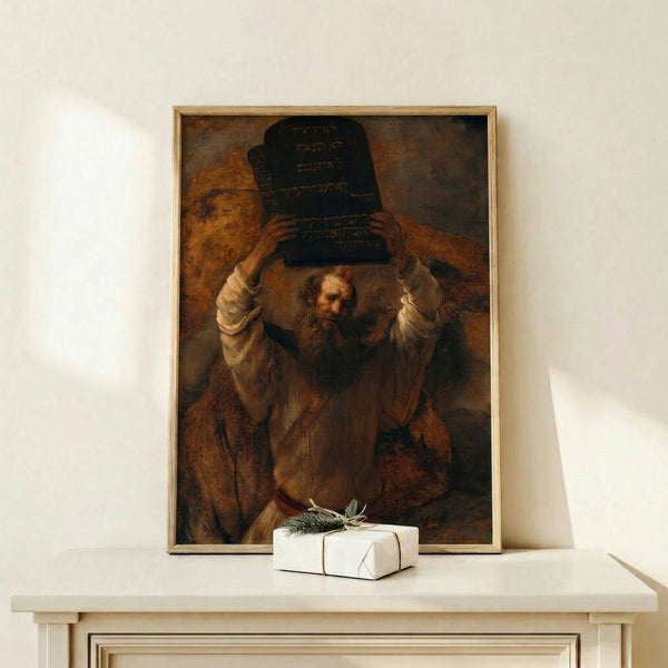 Contemplative portrait of the biblical patriarch Moses gazing downward, holding the sacred tablets in a dramatically lit composition of ochre, brown, and cream.