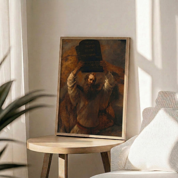 Classical religious artwork showing Moses in flowing garments holding the stone tablets, executed in warm golden tones and dramatic shadow play.