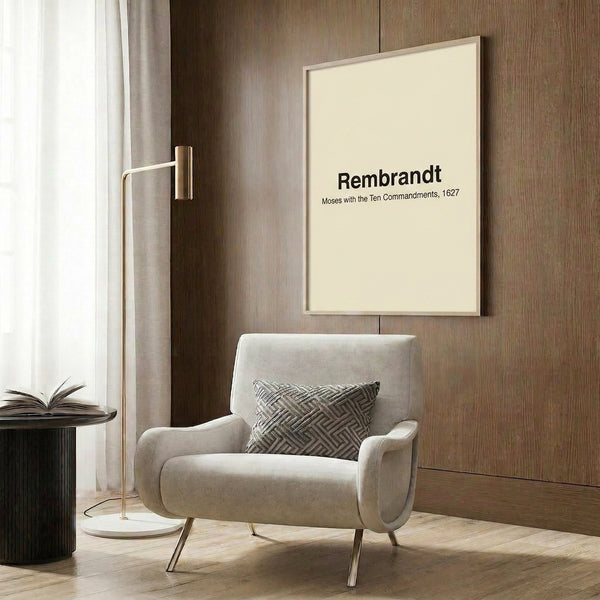 Masterpiece-style poster art of Moses with the commandment tablets, featuring contemplative expression, classical drapery, and luminous golden-brown color scheme.