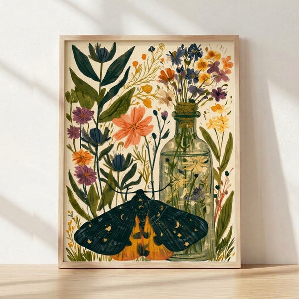 Watercolor botanical art print featuring a delicate moth perched on wildflowers and leafy stems arranged in a decorative bottle, rendered in forest green, golden yellow, coral, and navy tones on cream background.